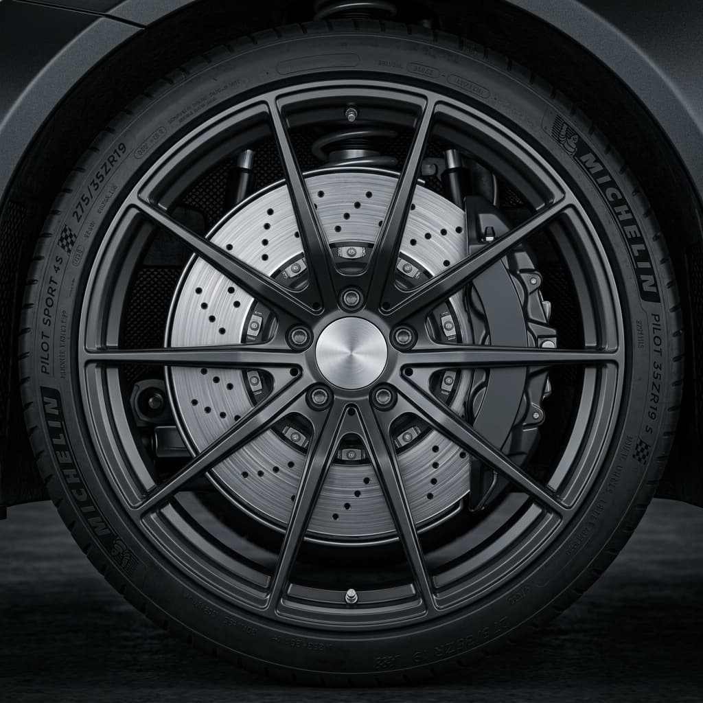 Perforated sports brake disc, caliper, and sport alloy wheel without logos