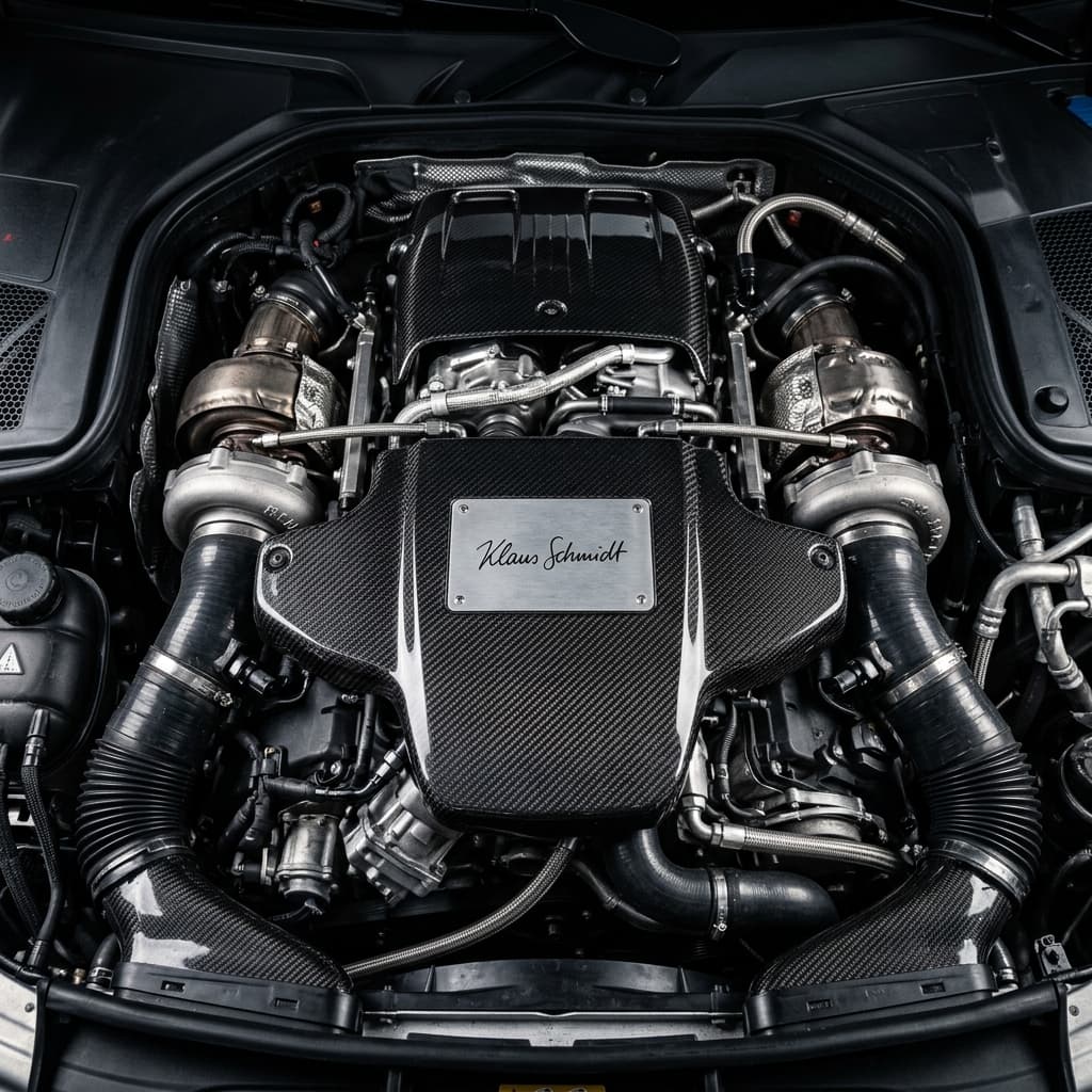 Handcrafted V8 biturbo engine bay with builder plaque without logos