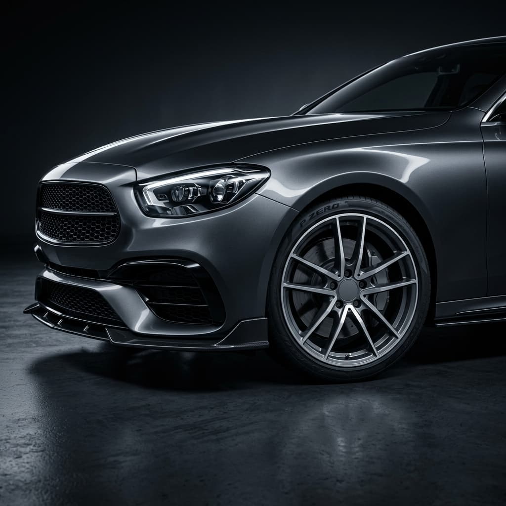 Inspection of German luxury car front bumper, headlights and sport alloy wheel