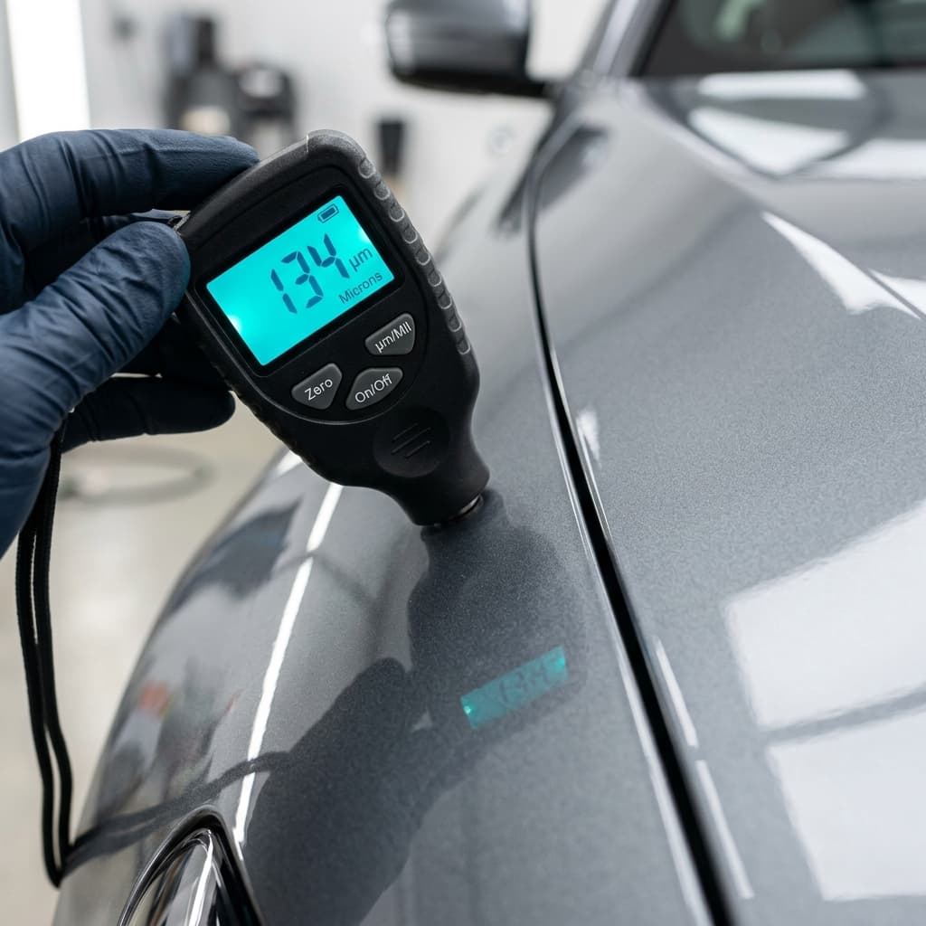 Digital automotive paint depth gauge measuring car body panel thickness