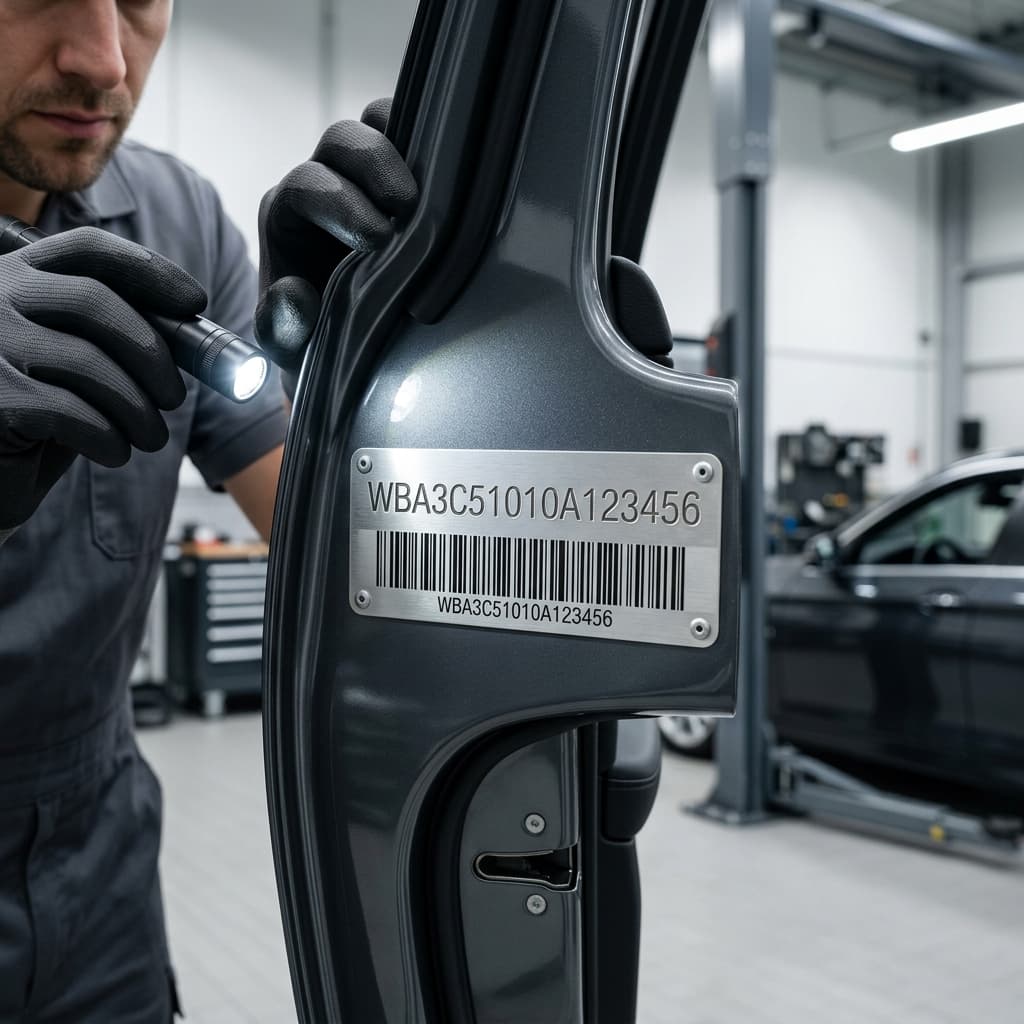 Automotive technician inspecting vehicle identification number plate on chassis